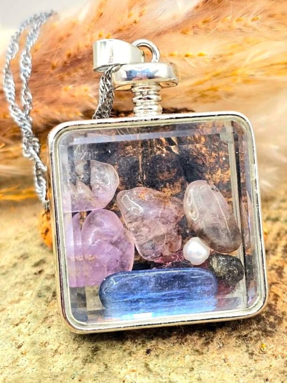 Nature Mixed Crystal Stones Square Floating Pendant Necklace